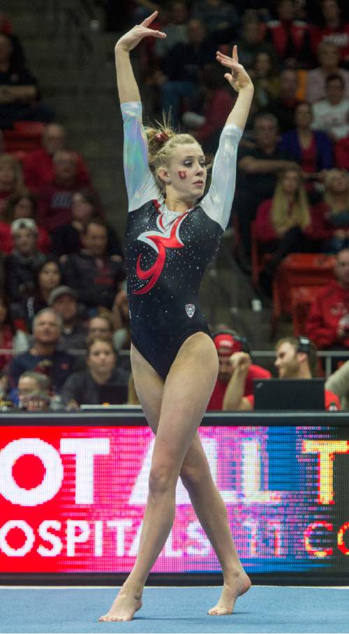 Rick Egan  |  The Salt Lake Tribune

MaKenna Merrell performs on the floor, in Gymnastics action, Utah vs. Washington, Saturday, February 13, 2016.