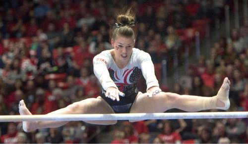 Rick Egan  |  The Salt Lake Tribune

Baely Rowe performs on the bars, in Gymnastics action, Utah vs. Washington, Saturday, February 13, 2016.