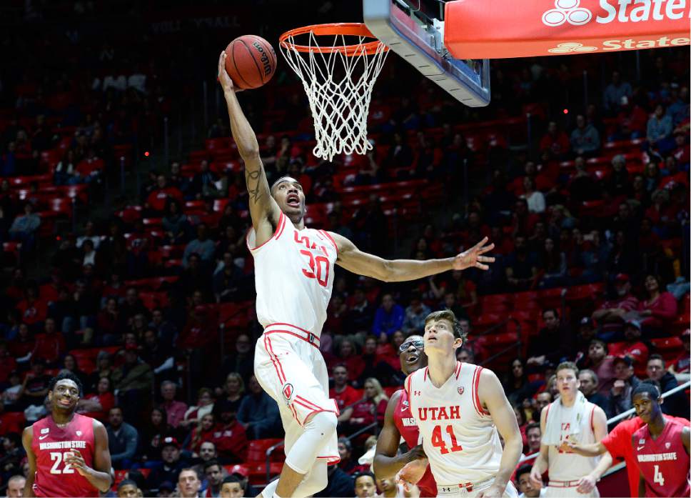 Scott Sommerdorf   |  The Salt Lake Tribune
Utah Utes Gabe Bealer scores an easy layup late in the game as Utah's bench came in for most of the second half and Utah defeated Washington State 88-47, Sunday, February 14, 2016.
