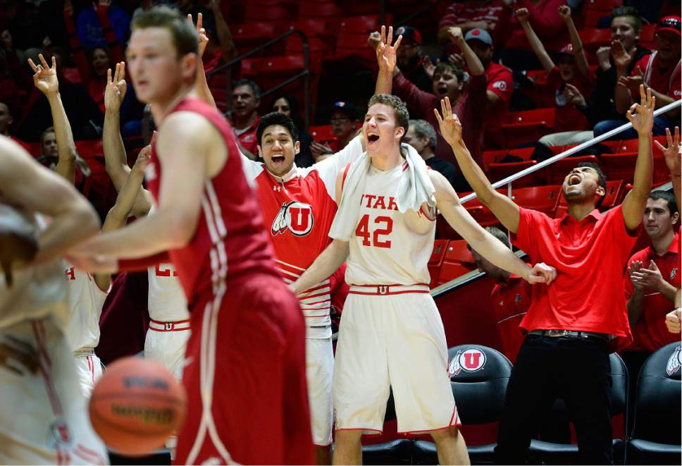 Scott Sommerdorf   |  The Salt Lake Tribune
The Utah bench erupts as backup guard Austin Eastman hits a 3-point shot late in the Utes rout of Washington State. Utah defeated Washington State 88-47, Sunday, February 14, 2016.