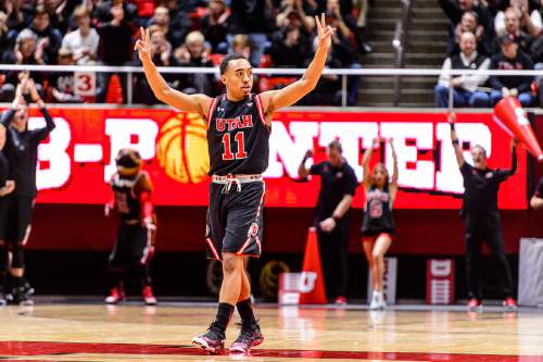 Trent Nelson  |  The Salt Lake Tribune
Utah Utes guard Brandon Taylor (11) celebrates a teammate's three-pointer as the University of Utah hosts Cal, NCAA basketball at the Huntsman Center in Salt Lake City, Wednesday January 27, 2016.