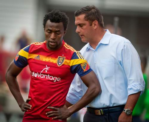 Michael Mangum  |  Special to the Tribune

Real Salt Lake head coach Jeff Cassar speaks with defender Abdoulie Mansally between plays against the Colorado Rapids during the first half of their match at Rio Tinto Stadium on Sunday, June 7, 2015.