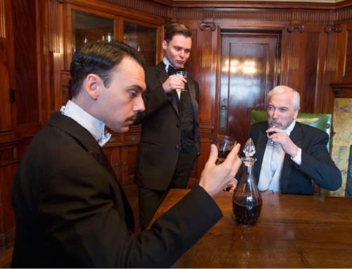 Steve Griffin  |  The Salt Lake Tribune


John Skelley as Gerald Croft, John Evans Reese as Eric Birling and Joseph Dellger as Arthur Birling in Pioneer Theatre Company's mystery "When An Inspector Calls," during photo shoot at the McCune Mansion in Salt Lake City, Monday, Feb. 8, 2016.