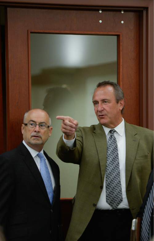 Francisco Kjolseth | The Salt Lake Tribune
Former Utah Attorney General Mark Shurtleff, right, facing public corruption charges, appears in Judge Elizabeth Hruby-Mills courtroom alongside his attorney Richard Van Wagoner in Salt Lake City on Monday, Sept. 28, 2015, for a pre-trial hearing.