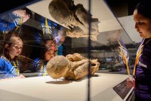 Trent Nelson  |  The Salt Lake Tribune
Kids from the Capitol West Boys & Girls Club look over the remains of the remains of a female mummy from Peru, at The Leonardo's Mummies of the World: The Exhibition in Salt Lake City, Wednesday February 17, 2016.