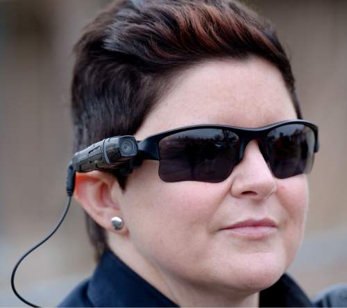 Steve Griffin  |  The Salt Lake Tribune

West Valley City Police officer Michelle Shepherd wears her new body camera, for the first time, on her sun glasses, in West Valley City, Monday, March 2, 2015.