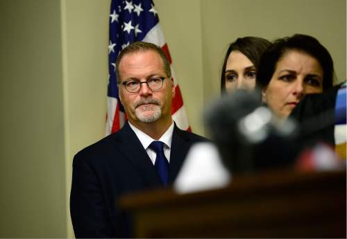 Scott Sommerdorf   |  The Salt Lake Tribune
Senator Stephen Urquhart, R-St.George, listens as others speak at a press conference organized as a response to the recent statement by the LDS Church affecting his bill, SB107, Thursday, February 18, 2016.