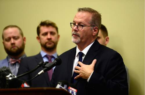 Scott Sommerdorf   |  The Salt Lake Tribune
Senator Stephen Urquhart, R-St.George, speaks at a press conference organized as a response to the recent statement by the LDS Church affecting his bill, SB107, Thursday, February 18, 2016.