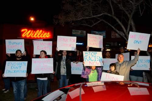 Trent Nelson  |  The Salt Lake Tribune
Protestors in front of Willie's Lounge in Salt Lake City, Saturday February 20, 2016, demonstrating after two Polynesian men were turned away earlier in the week because they looked like they could make trouble, a judgment apparently based on their ethnicity. Owner Geremy Cloyd has repeatedly apologized but ejected patron Frank Maea has said he intends to file a federal lawsuit.