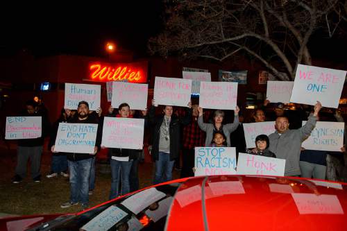 Trent Nelson  |  The Salt Lake Tribune
Protestors in front of Willie's Lounge in Salt Lake City, Saturday February 20, 2016, demonstrating after two Polynesian men were turned away earlier in the week because they looked like they could make trouble, a judgment apparently based on their ethnicity. Owner Geremy Cloyd has repeatedly apologized but ejected patron Frank Maea has said he intends to file a federal lawsuit.
