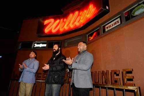 Trent Nelson  |  The Salt Lake Tribune
Stephen Wily, Mike Tuiasoa, and Frank Maea in front of Willie's Lounge in Salt Lake City, Saturday February 20, 2016, as part of a demonstration after two Polynesian men (Maea and Wily) were turned away earlier in the week because they looked like they could make trouble, a judgment apparently based on their ethnicity. Owner Geremy Cloyd has repeatedly apologized but ejected patron Frank Maea has said he intends to file a federal lawsuit.