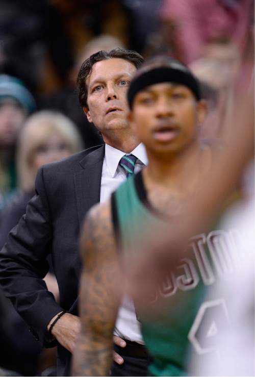 Scott Sommerdorf   |  The Salt Lake Tribune
Utah head coach Quin Snyder watches the action during first half play. The Utah Jazz led the Boston Celtics 54-49 at the half, Friday, February 19, 2016.