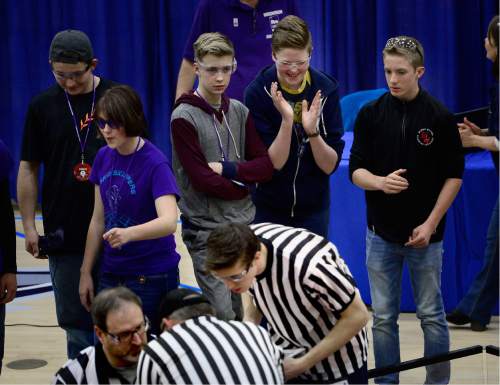 Scott Sommerdorf   |  The Salt Lake Tribune
The Timberline Middle School from Alpine celebrates as it's rescue robot won it's challenge during Utah's 2016 FIRST Tech Challenge at Weber State University in Ogden, Saturday, February 20, 2016.