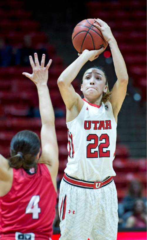 Lennie Mahler  |  The Salt Lake Tribune

Utah's Danielle Rodriguez shoots over South Dakota's Tia Hemiller in a game at the Huntsman Center in Salt Lake City, Friday, Nov. 13, 2015.