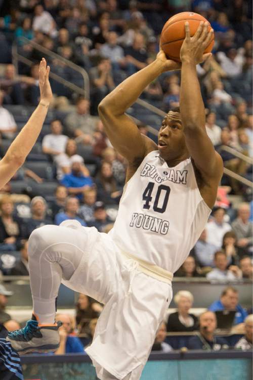 Rick Egan  |  The Salt Lake Tribune

Brigham Young forward Jamal Aytes (40) takes a shot for the Cougars, in WCC basketball action, The Brigham Young Cougars vs. The San Diego Toreros, at the Marriott Center in Provo Saturday, February 20, 2016.