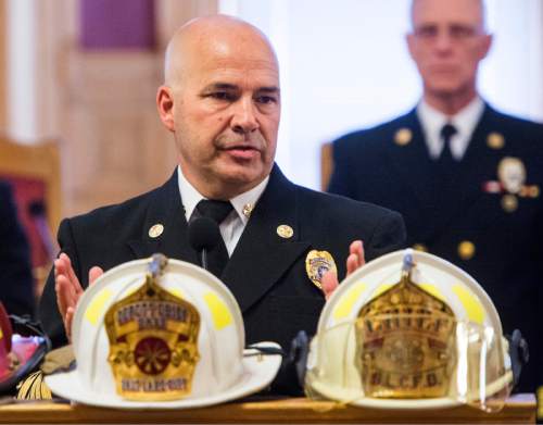 Rick Egan  |  The Salt Lake Tribune

Chief Brian Dale says a few words after being sworn in as the new Salt Lake City fire chief at City Hall, Thursday, June 4, 2015.