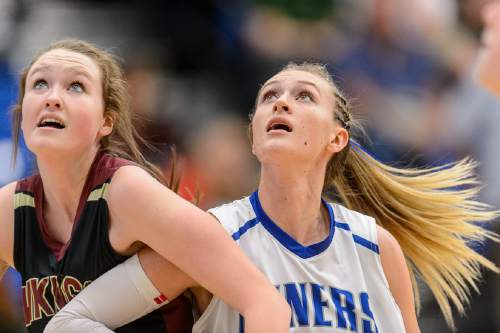 Trent Nelson  |  The Salt Lake Tribune
Viewmont's Melissa Sorenson and Bingham's Shea Rasmussen look for a rebound as Viewmont faces Bingham in a first round game at the 5A High School Girls Basketball Tournament at Salt Lake Community College in Taylorsville, Tuesday February 23, 2016.