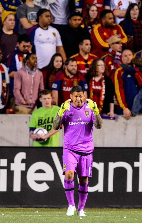 Trent Nelson  |  The Salt Lake Tribune
Real Salt Lake goalkeeper Nick Rimando (18) points to himself after Philadelphia scored their second goal in the first half, as Real Salt Lake hosts Philadelphia Union, MLS soccer at Rio Tinto Stadium in Sandy, Saturday March 14, 2015.