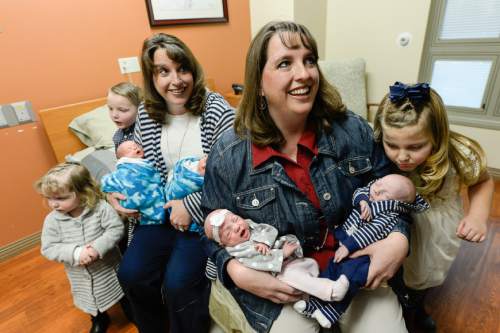 Francisco Kjolseth | The Salt Lake Tribune
Identical twin sisters Kerri Bunker, left, and Kelli Wall, became pregnant around the same time. Fast forward to the last three weeks, and they each delivered a second set of twins at Timpanogos Regional Hospital. These twin moms previously delivered their first set of twins at the same hospital within a few months of each other.