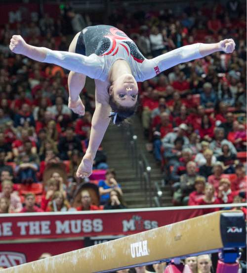 Rick Egan  |  The Salt Lake Tribune

Samantha Partyka performs on the beam for the Utes, in Gymnastics action, Utah vs. Washington, Saturday, February 13, 2016.