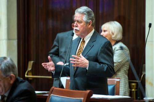 Chris Detrick  |  The Salt Lake Tribune
Sen. Gene Davis (D-Salt Lake) speaks on SB 72 during the morning session at the Utah State Capitol Wednesday February 4, 2015.