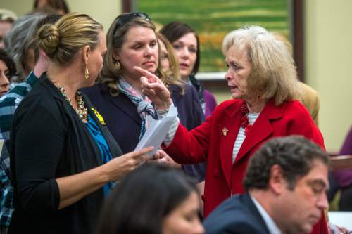 Chris Detrick  |  The Salt Lake Tribune
Utah Eagle Forum's Gayle Ruzicka organizes who is going to speak about HB0246 during a House Education Committee meeting Tuesday February 23, 2016.