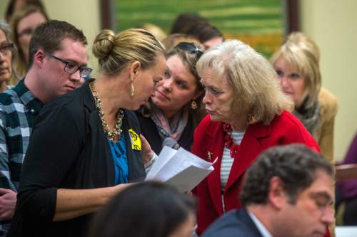 Chris Detrick  |  The Salt Lake Tribune
Utah Eagle Forum's Gayle Ruzicka organizes who is going to speak about HB0246 during a House Education Committee meeting Tuesday February 23, 2016.