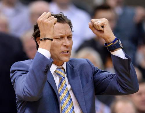 Steve Griffin  |  The Salt Lake Tribune


Utah Jazz head coach Quin Snyder reacts to a foul call on late in the fourth quarter during the Utah Jazz versus Houston Rockets game at Vivint Smart Home Arena in Salt Lake City, Tuesday, February 23, 2016.