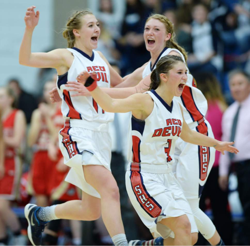 Steve Griffin  |  The Salt Lake Tribune


Springville players run off the court screaming after defeating Judge Memorial Catholic High School duringl girl's 4A quarter final game at Salt Lake Community College in Salt Lake City, Wednesday, February 24, 2016.