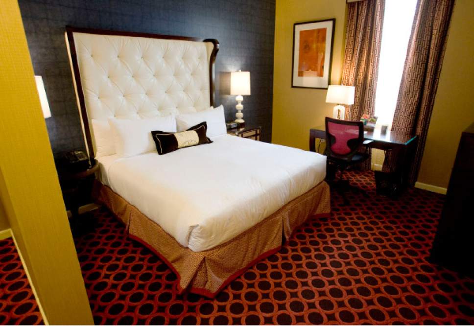 Steve Griffin  |  The Salt Lake Tribune
 
One of the newly made-over rooms at the Hotel Monaco in Salt Lake City, Utah Thursday, March 24, 2011. The boutique hotel's rooms were made-over to resemble a treasury of favorite items from around the world assembled by a world traveler.