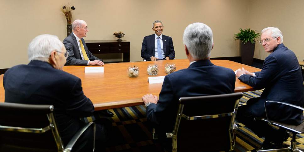 Trent Nelson  |  The Salt Lake Tribune
President Barack Obama meets with leaders of the Church of Jesus Christ of Latter-day Saints at the Sheraton Hotel during visit to Utah, Thursday April 2, 2015. Left to right are  Tom Perry, Henry Eyring, President Obama, Dieter Uchtdorf, and Todd Christofferson
