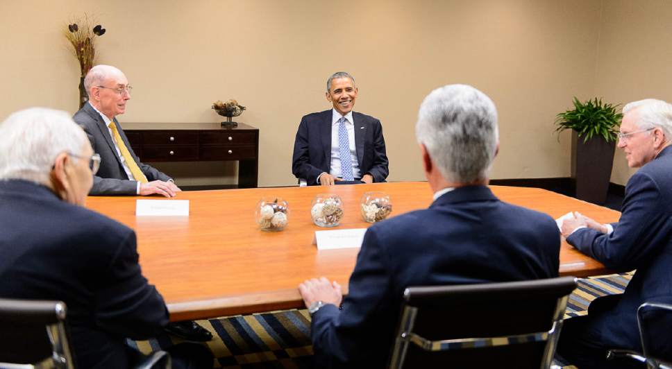 Trent Nelson  |  The Salt Lake Tribune
President Barack Obama meets with leaders of the Church of Jesus Christ of Latter-day Saints at the Sheraton Hotel during visit to Utah, Thursday April 2, 2015. Left to right are  Tom Perry, Henry Eyring, President Obama, Dieter Uchtdorf, and Todd Christofferson