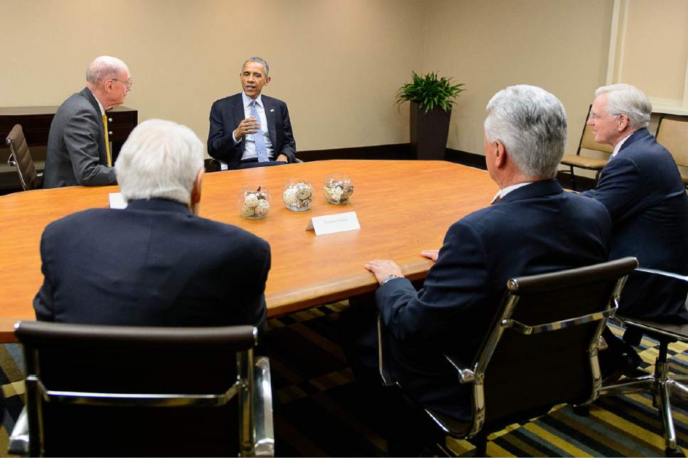 Trent Nelson  |  The Salt Lake Tribune
President Barack Obama meets with leaders of the Church of Jesus Christ of Latter-day Saints at the Sheraton Hotel during visit to Utah, Thursday April 2, 2015. Left to right are  Henry Eyring, Tom Perry, President Obama, Dieter Uchtdorf, and Todd Christofferson