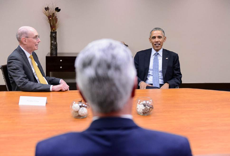 Trent Nelson  |  The Salt Lake Tribune
President Barack Obama meets with leaders of the Church of Jesus Christ of Latter-day Saints at the Sheraton Hotel during visit to Utah, Thursday April 2, 2015. Left to right are Henry Eyring, Dieter Uchtdorf, and President Obama.