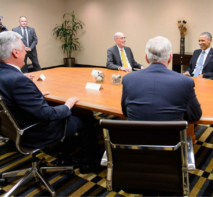 Trent Nelson  |  The Salt Lake Tribune
President Barack Obama meets with leaders of The Church of Jesus Christ of Latter-day Saints at the Sheraton Hotel during visit to Utah, Thursday April 2, 2015. Left to right are  Tom Perry, Dieter Uchtdorf, Henry Eyring, Todd Christofferson, and President Obama.
