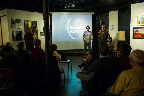 Chris Detrick  |  The Salt Lake Tribune
Scott Halford and Tad Henderson talk about the animated series "Looney Moonies" at Mod a-go-go in Salt Lake City on Thursday, Feb. 18, 2016.  The two are part of a Utah-based "Name the Moon" online campaign to gather signatures and petition the International Astronomical Union to give the moon a unique name.