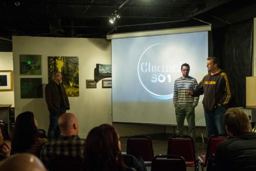 Chris Detrick  |  The Salt Lake Tribune
Scott Halford and Tad Henderson talk about the animated series "Looney Moonies" at Mod a-go-go in Salt Lake City on Thursday, Feb. 18, 2016.  The two are part of a Utah-based "Name the Moon" online campaign to gather signatures and petition the International Astronomical Union to give the moon a unique name.