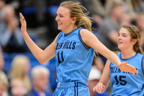 Trent Nelson  |  The Salt Lake Tribune
Salem Hills's Sadie Lundquist (11) celebrates the win, as Skyline faces Salem Hills in a quarterfinals game at the 4A High School Girls Basketball Tournament at Salt Lake Community College in Taylorsville, Wednesday February 24, 2016.