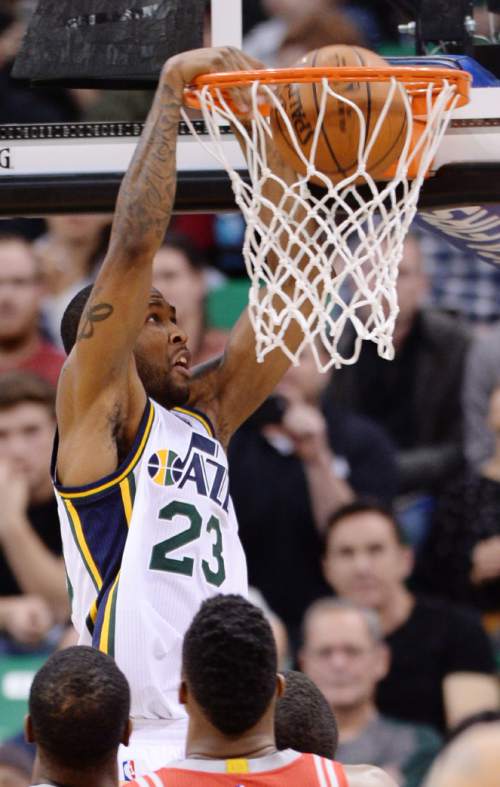 Steve Griffin  |  The Salt Lake Tribune


Utah Jazz forward Chris Johnson (23) slams the ball late in the fourth quarter of the Utah Jazz versus Houston Rockets game at Vivint Smart Home Arena in Salt Lake City, Tuesday, February 23, 2016.