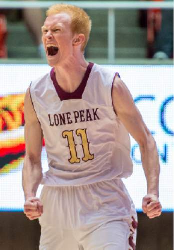 Trent Nelson  |  The Salt Lake Tribune
Lone Peak's TJ Haws celebrates after hitting a three-point shot and giving Lone Peak a 67-40 lead over Pleasant Grove High School in the 5A state championship boys basketball game at the Huntsman Center in Salt Lake City, Saturday, March 8, 2014.