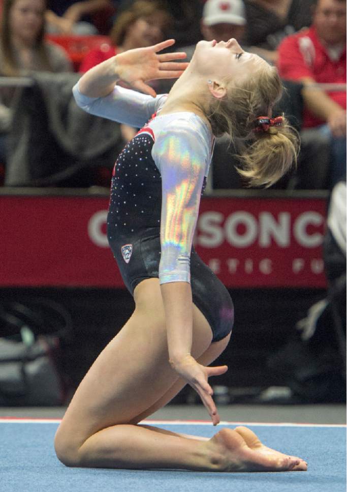 Rick Egan  |  The Salt Lake Tribune

MaKenna Merrell performs on the floor, in Gymnastics action, Utah vs. Washington, Saturday, February 13, 2016.