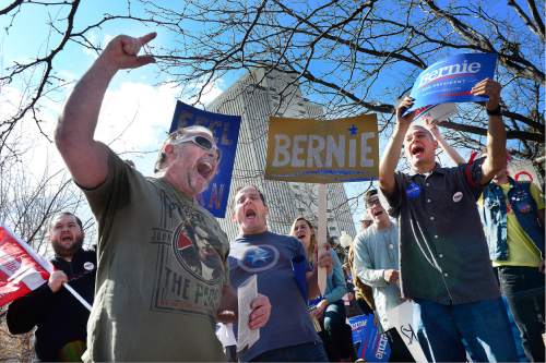 Scott Sommerdorf   |  The Salt Lake Tribune  at Supporters of Presidential candidate Bernie Sanders rallied at City Creek Park, prior to marching to the City and County building, Saturday, February 27, 2016.