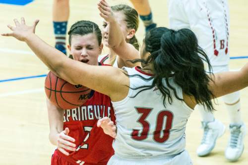 Chris Detrick  |  The Salt Lake Tribune
Springville's Lydia Austin (2) charges Bountiful's Lovely Tukuafu (30) during the 4A girls' basketball championships at Salt Lake Community College Saturday February 27, 2016.