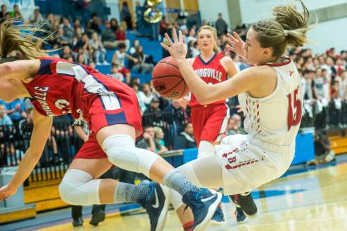 Chris Detrick  |  The Salt Lake Tribune
Springville's Savannah Sumsion (10) collides with Bountiful's Jaimee Stahle (15) during the 4A girls' basketball championships at Salt Lake Community College Saturday February 27, 2016. Bountiful defeated Springville 63-42.