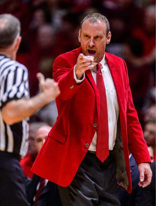 Trent Nelson  |  The Salt Lake Tribune
Utah coach Larry Krystkowiak as Utah hosts Arizona, NCAA basketball at the Huntsman Center in Salt Lake City, Saturday February 27, 2016.