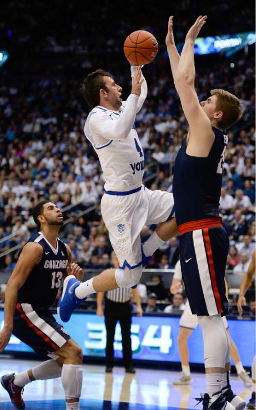 Francisco Kjolseth | The Salt Lake Tribune
Brigham Young Cougars guard Nick Emery (4) drives the ball through the Gonzaga defense in game action at the Marriott Center, Provo, UT.
