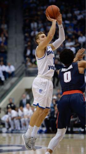 Francisco Kjolseth | The Salt Lake Tribune
Brigham Young Cougars guard Chase Fischer (1) shoots for a three pointer against Gonzaga in game action at the Marriott Center, Provo, UT.