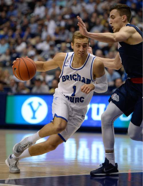 Francisco Kjolseth | The Salt Lake Tribune
Brigham Young Cougars guard Chase Fischer (1) through the Gonzaga defense in game action at the Marriott Center, Provo, UT.