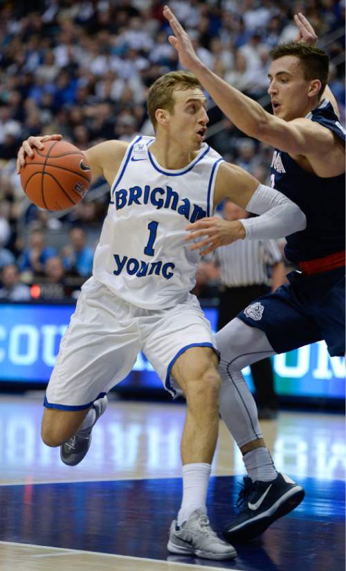 Francisco Kjolseth | The Salt Lake Tribune
Brigham Young Cougars guard Chase Fischer (1) through the Gonzaga defense in game action at the Marriott Center, Provo, UT.