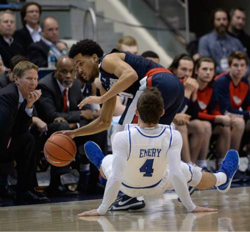 Francisco Kjolseth | The Salt Lake Tribune
Gonzaga Bulldogs guard Silas Melson (0) leaves Brigham Young Cougars guard Nick Emery (4) on the ground in game action at the Marriott Center, Provo, UT.